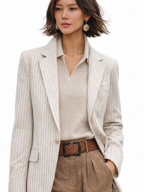 Linen rich Cream MNG Mango pinstripe blazer, spring blazer